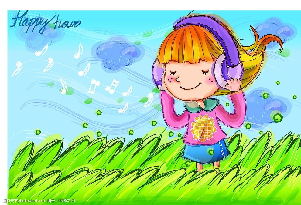 关键词:可爱男女卡通图 听歌的小女孩 音乐符号 云彩 矢量人物 儿童