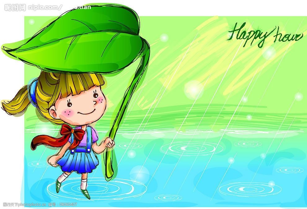 关键词:可爱男女卡通图 小女孩 树叶 雨点 矢量人物 儿童幼儿 矢量