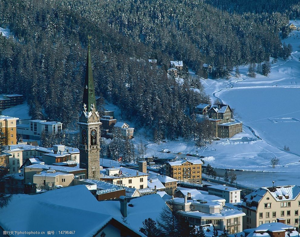 关键词:欧洲小镇雪景 白雪 欧式建筑 绿树 山丘 旅游摄影 国外旅游