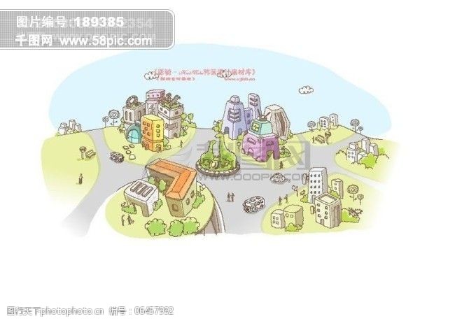 hanmaker韩国设计素材库 线条城市风景 卡通城市漫画手绘 矢量图 建筑