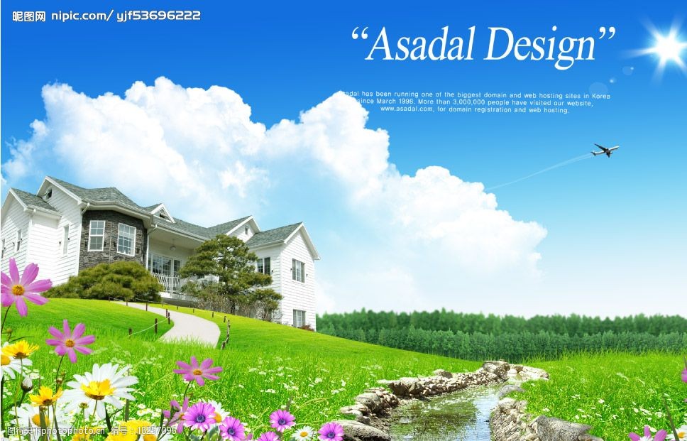 关键词:乡村别墅 花 蓝天 草地 河流 飞机 白云 psd 分层素材 美景