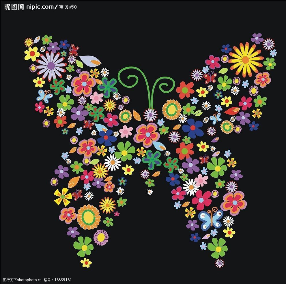 色彩斑斓的花卉组成的蝴蝶矢量素材图片