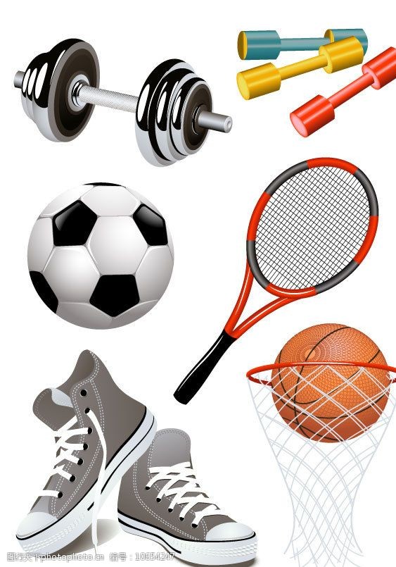用品矢量素材 矢量素材篮球篮筐网球拍哑铃运动鞋足球 文化艺术 体育