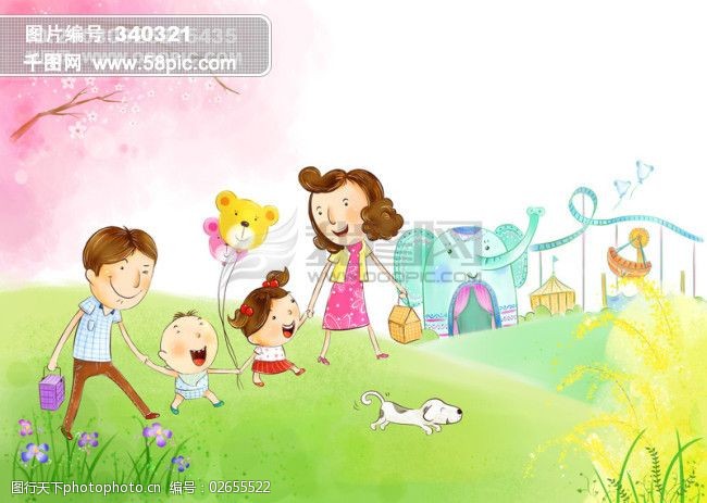 树叶卡通房屋幸福家庭玩耍游玩卡通人物爸爸妈妈爷爷奶奶花草花朵照相